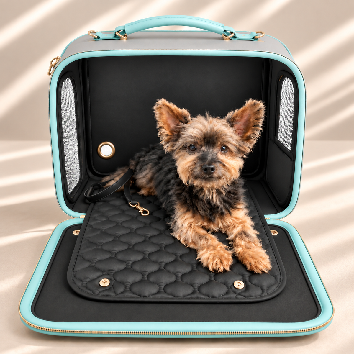 Bamboo Riviera luxury dog carrier with front and rear openings for easy access