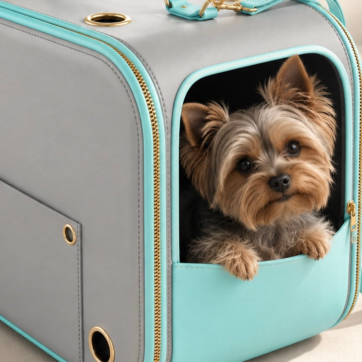 BYorkshire Terrier looking through the open side window of the Bamboo Riviera dog carrier
