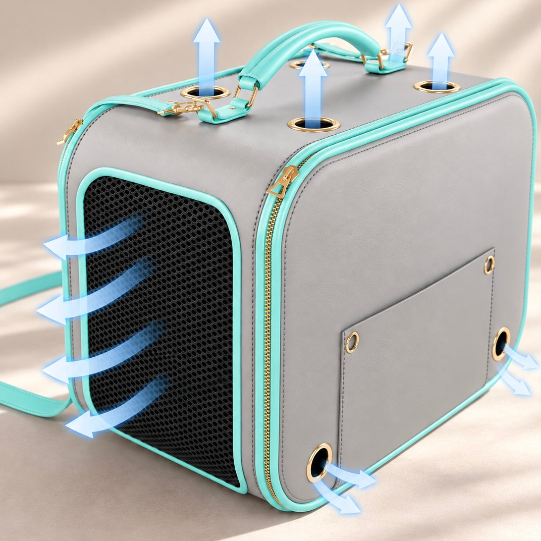 Bamboo Riviera dog carrier with mesh panels and ventilation eyelets for airflow during travel