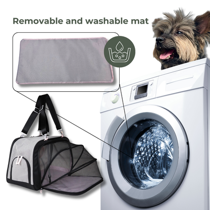 Close-up view of sustainable dog carrier showing recycled plastic construction and airline-compliant design features