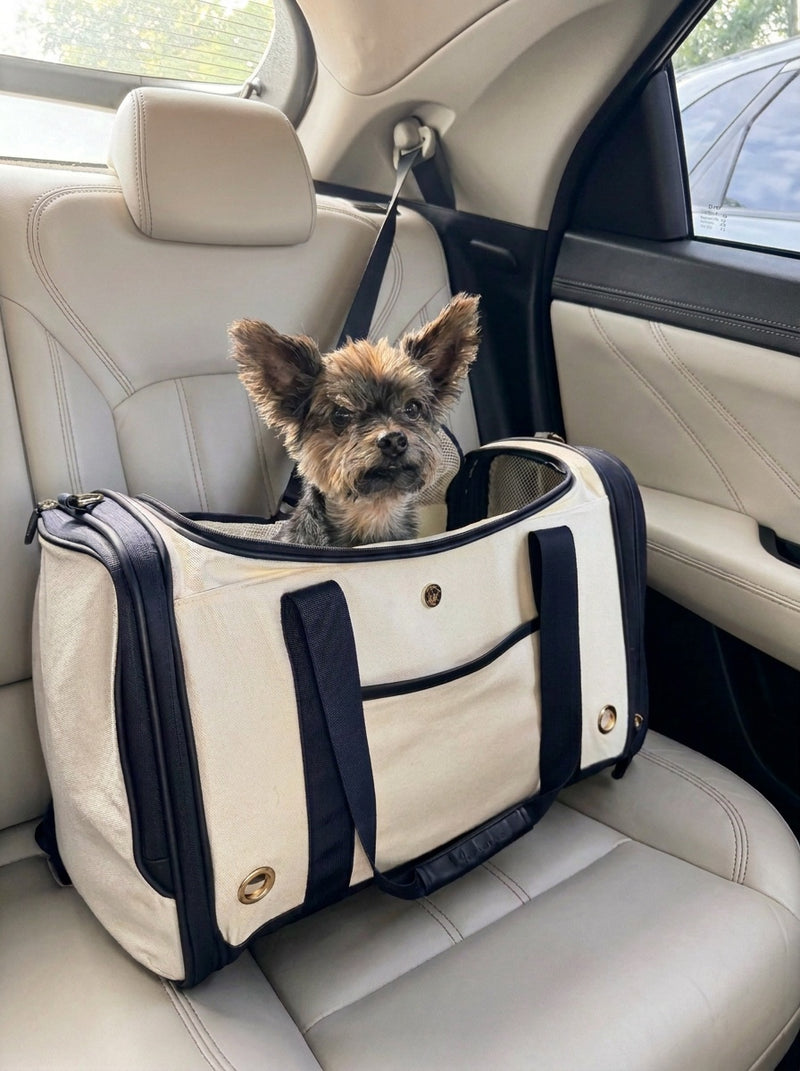 Ein kleiner Hund sitzt in der Hundetasche und schaut raus
