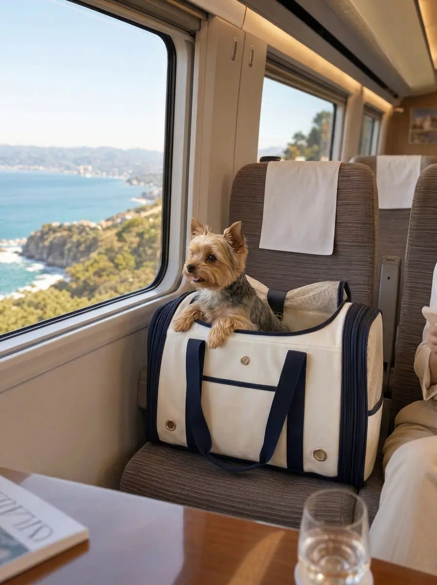 Yorkshire in Hundetasche im Zug