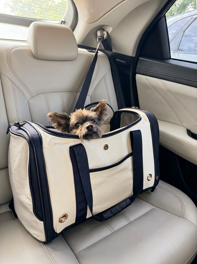 Yorkshire Terrier im Hundecarrier auf dem Rücksitz