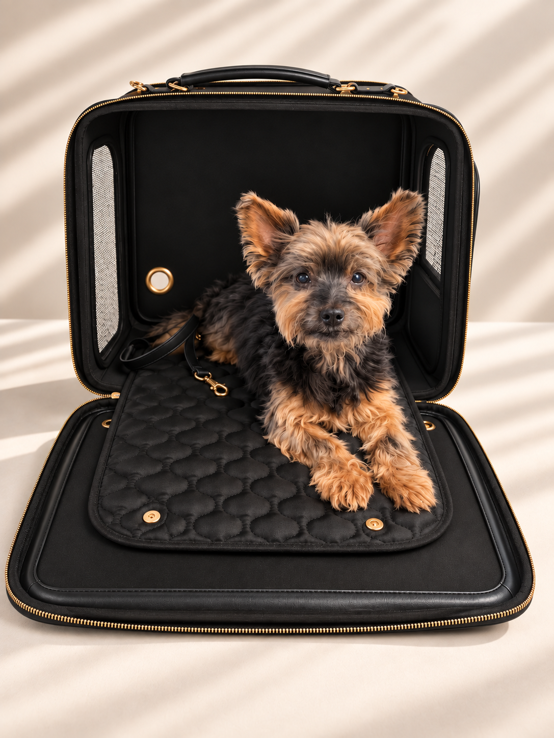 Müheloser Zugang von beiden Seiten: Strukturierte Premium Hundetasche mit vorderer und hinterer Öffnung.