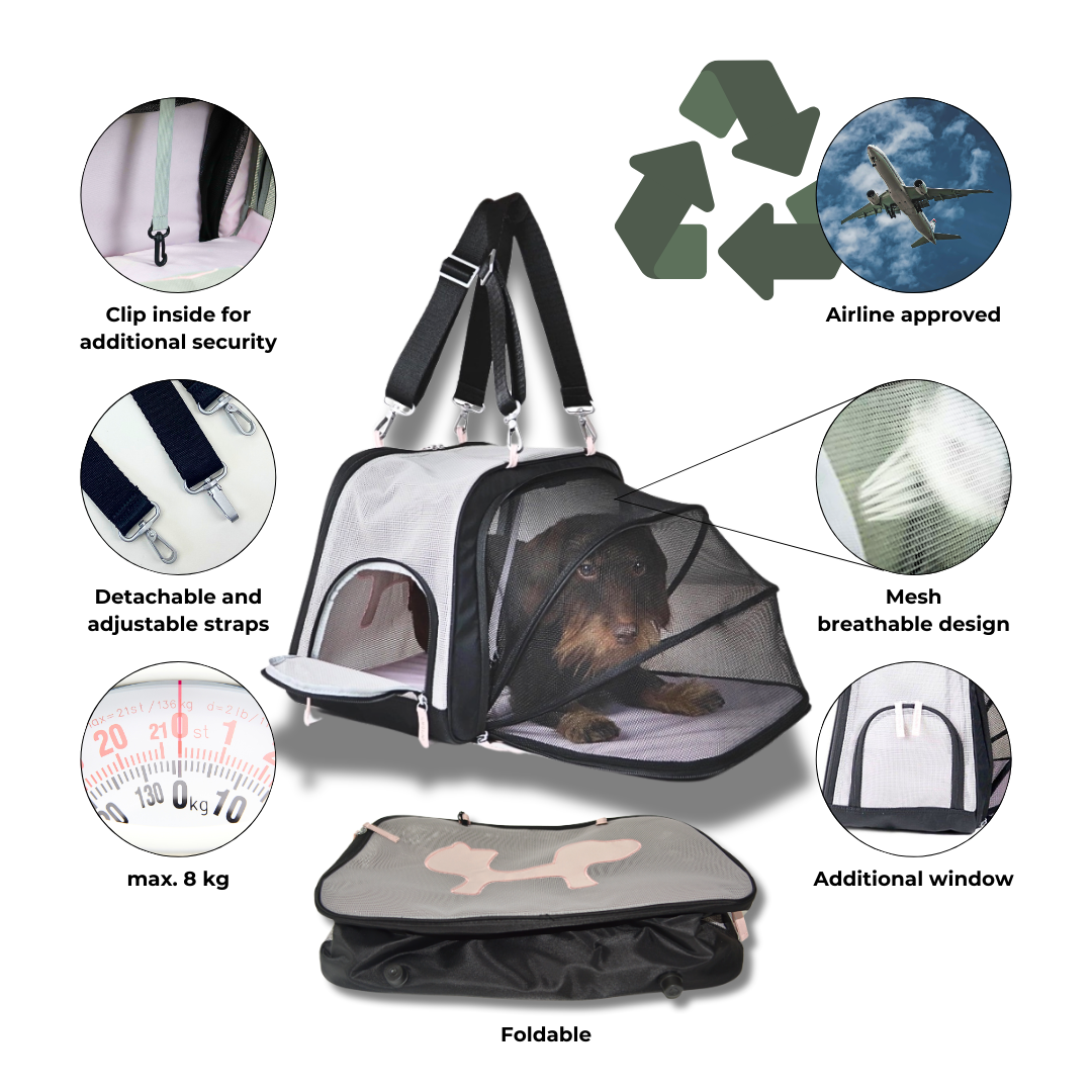Close-up view of sustainable dog carrier showing recycled plastic construction and airline-compliant design features